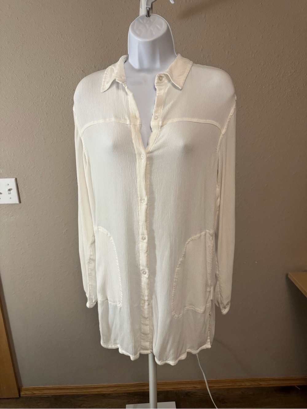 Prana, White Long-Sleeve Button-Front Tunic Top/Swim Suit Cover-Up, S